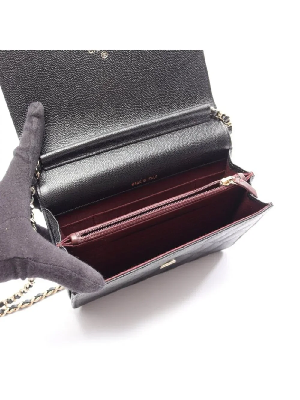 Chanel Shoulder Bag Quilted Black Caviar Leather Chain Wallet